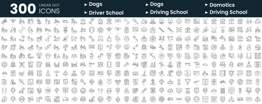 Set of 300 thin line icons set. In this bundle include dogs, dog training, domotics, driver school, driving school