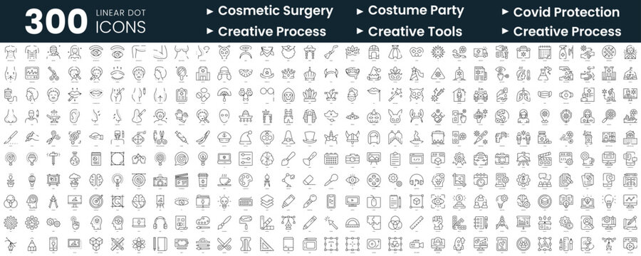 Set of 300 thin line icons set. In this bundle include cosmetic surgery, costume party, covid protection measures, creative process, creative tools