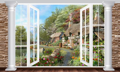Illustration, rural landscape. View from the window. The fresco. Photo wallpapers.