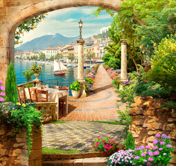 Blooming alley along the seashore. Digital illustration. The fresco. Photo wallpapers.