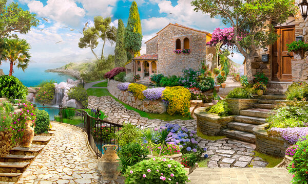 A terrace with houses by the sea coast. Photo wallpapers. The fresco.