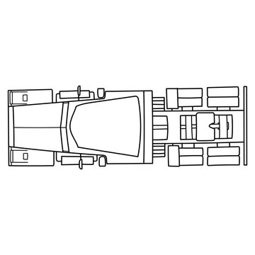 Old semi truck with sleeper towing engine transport. american tractor, top view. Vector doodle illustration	
