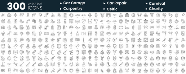 Set of 300 thin line icons set. In this bundle include career advancement, carnival, carpentry, car repair, celtic, charity