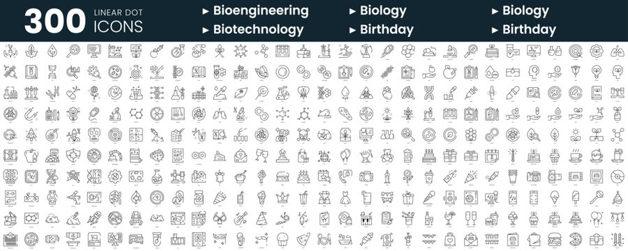 Set of 300 thin line icons set. In this bundle include bioengineering, biology, biotechnology, birthday