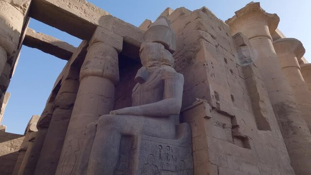 Hand-held Shot Of A Pharaoh Statue Sitting Down Surrounded In The Luxor Temple, Egypt