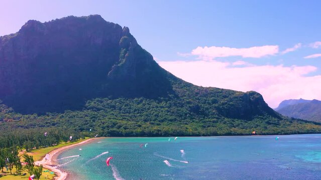 Aerial view of kitesurfing off the coast of Le Morne, on the Indian Ocean island of Mauritius.