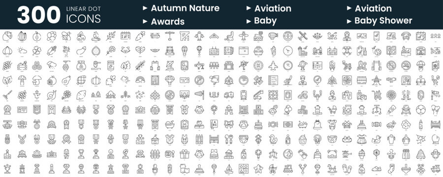 Set of 300 thin line icons set. In this bundle include autumn nature, aviation, awards, baby, baby shower