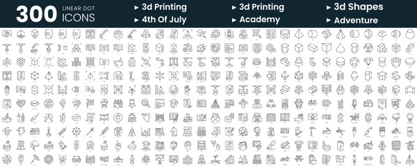 Set of 300 thin line icons set. In this bundle include 3d printing, 3d shapes, 4th of july, academy, adventure