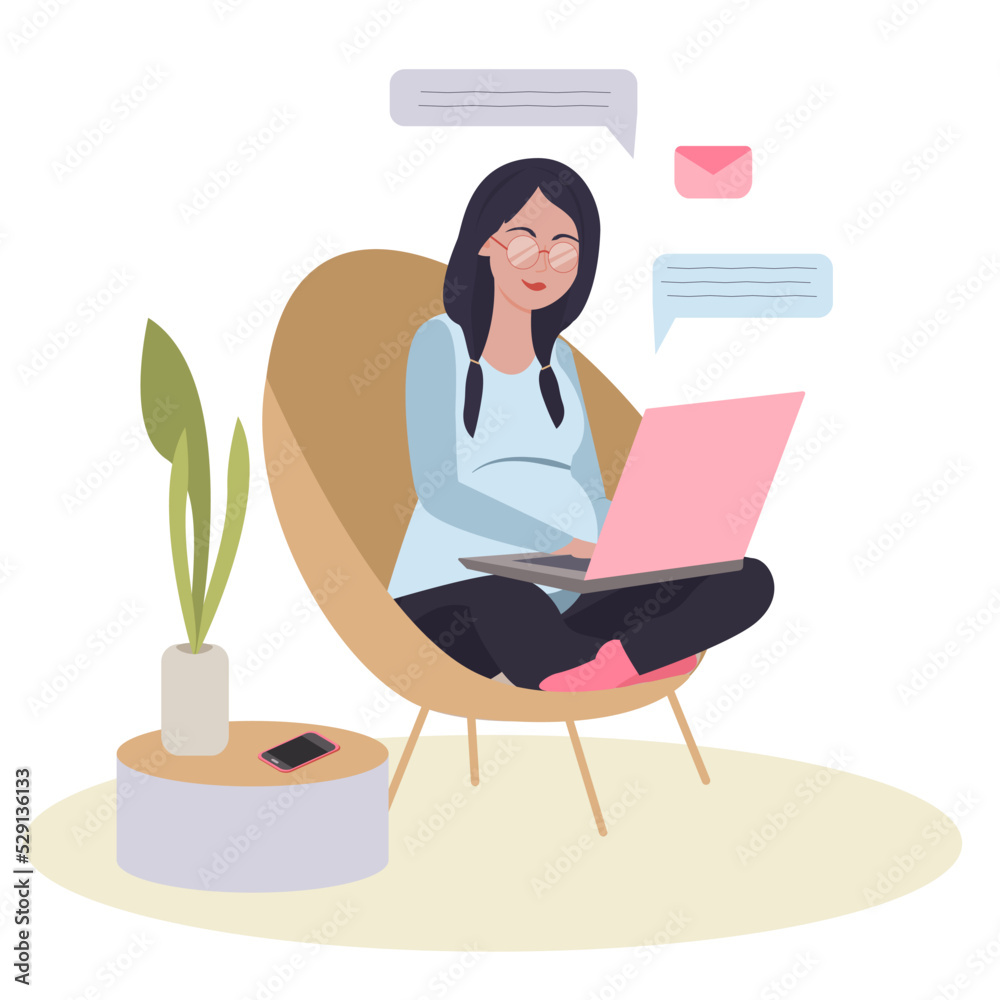 Wall mural young pregnant beautiful woman works at a laptop. the concept of working from home. flat vector illu