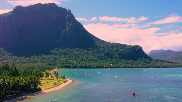 Aerial view of kitesurfing off the coast of Le Morne, on the Indian Ocean island of Mauritius.