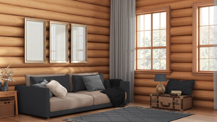 Wooden farmhouse log cabin in gray and beige tones. Fabric sofa, carpet and windows. Frame mockup, rustic interior design