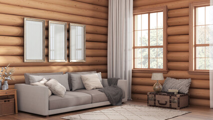 Wooden farmhouse log cabin in white and beige tones. Fabric sofa, carpet and windows. Frame mockup, rustic interior design