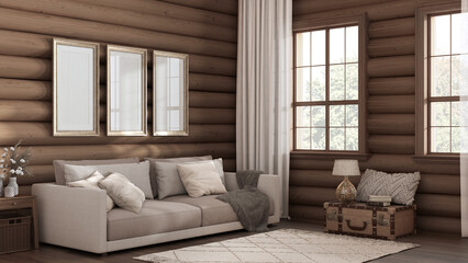 Dark wooden farmhouse log cabin in beige tones. Fabric sofa, carpet and windows. Frame mockup, rustic interior design