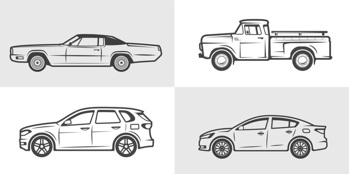 Сar in outline. Set of vector automobile icons. Retro and modern car sketches: pickup, sedan, SUV, convertible. Transport design element for car rental and repair shops, posters, logo or emblems.