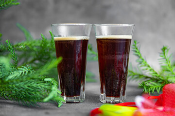 christmas hot drink coffee mulled wine cocoa cocktail, New Year sweet holiday meal food on the table copy space food background