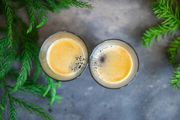 christmas hot drink coffee mulled wine cocoa cocktail, New Year sweet holiday meal food on the table copy space food background