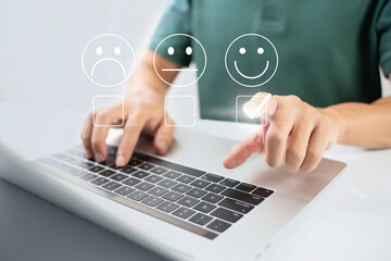 Satisfaction and customer service survey concept, business people using  laptop. to answer the...