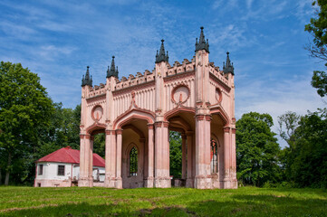 Fototapeta premium Ruins of neo-gothic Pac`s Palace in Dowspuda, settlement in Podlaskie voivodeship. Poland. The construction work began in 1820.