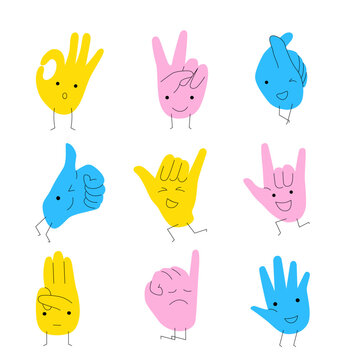 Cute and colorful hand charactors, different emotion. Outline cartoon style.