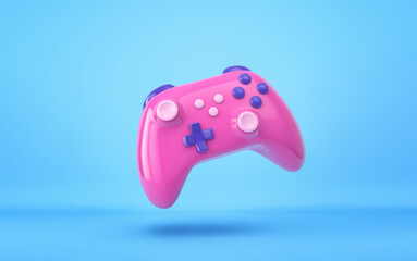 Pink glossy game controller on blue background. Clipping path included