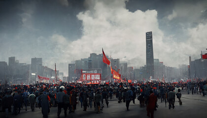 Chinese Cultural Revolution. Huge Protest March, Demonstration in China. Thousands of People, generative AI - obrazy, fototapety, plakaty