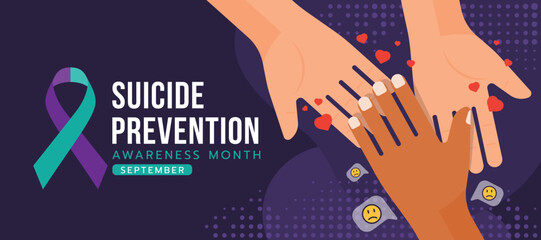 Suicide prevention awareness month text and suicide awareness prevention ribbon sign and hands that delivers love to a sad hand on dark purple background vector design