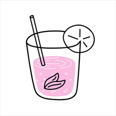 Pink cocktail in glass. Refreshing summer drink. Doodle outline cartoon. Trendy modern illustration