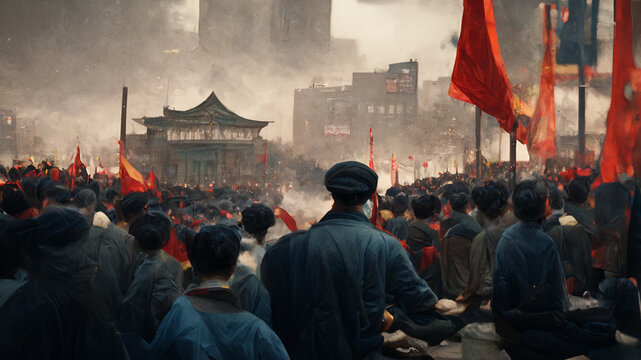 Chinese Cultural Revolution. Huge Protest March, Demonstration in China. Thousands of People