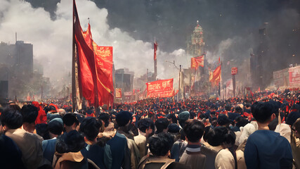 Chinese Cultural Revolution. Huge Protest March, Demonstration in China. Thousands of People