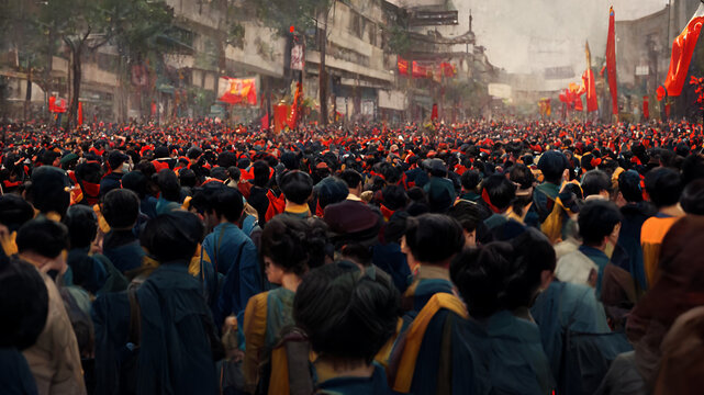 Chinese Cultural Revolution. Huge Protest March, Demonstration In China. Thousands Of People