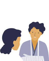 A patient with bandage on his hand talking to doctor at hospital or clinic. flat vector illustration.