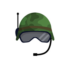 Military helmet of a modern soldier. Green protective cap. Ammunition and uniforms with glasses