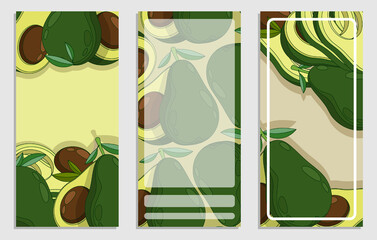 Set of vertical postcards, flyers with Avocado fruit whole and cut with large pit in center. Exotic fruit. Template element for design. Vector in thin line