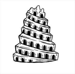 Tower of Babel. Ancient city Babylon of Mesopotamia and Iraq. Biblical story. Sumerian civilization. History and archaeology. Hand drawn sketch