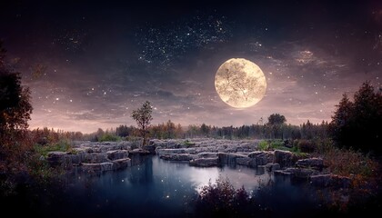 Fototapeta premium Nature at night, full moon in the sky with stars over a field with a lake, trees and rocks.