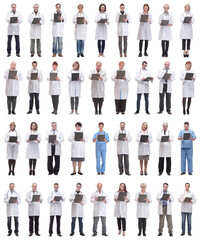 full length group of doctors with notepad isolated