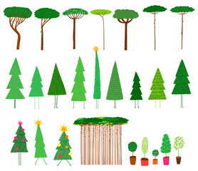 Set of cute isolated different tree illustrations