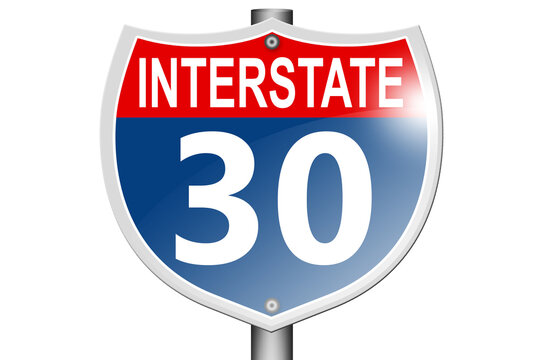 Interstate highway 30 road sign isolated on white background