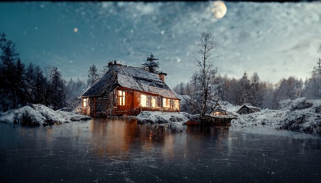 A house on a hill at night with snow and a frozen pond under a night sky with moon.