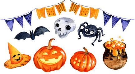 watercolour set of halloween theme with bat, pumpkin, spider, hat and others, hand drawn illustration, sketch