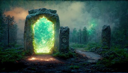 A stone portal in a foggy forest with a glowing gate with green light. - obrazy, fototapety, plakaty