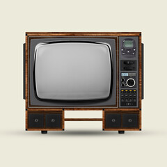 TV with built-in sound system. Upgraded version of retro tv set with blank grey screen isolated over white background.