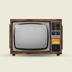 Fictional, created model of retro tv set with blank grey screen isolated over white background. Vintage, fashion cycle, mockup for text or design