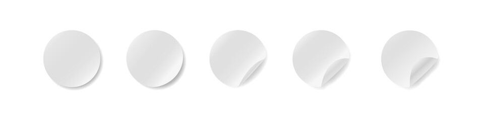 White tags, paper round stickers with peeling corner. Mockup empty circle sticky label. 