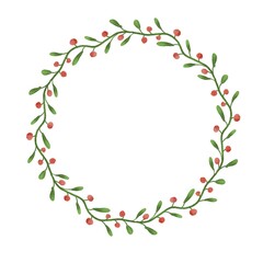 Floral round frame isolated on white background. Frame with green leaves and red berry. Wildlife botany elements wreath.