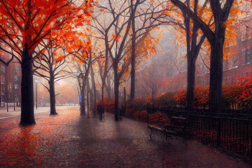 autumn in the park, autumn in the city, beautiful warm color autumn background, digital illustration, serious digital painting, cg artwork, book illustration