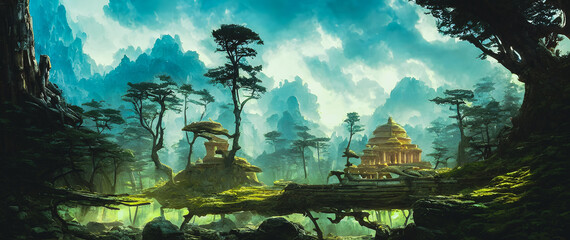 Fototapeta na wymiar Artistic concept painting of an ancient temple, background illustration.