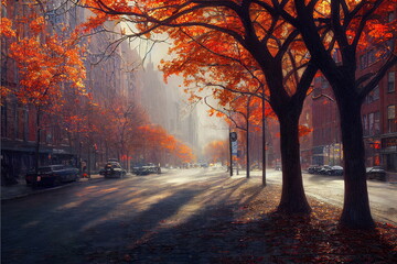 Naklejka na ściany i meble autumn in the park, autumn in the city, beautiful warm color autumn background, digital illustration, serious digital painting, cg artwork, book illustration