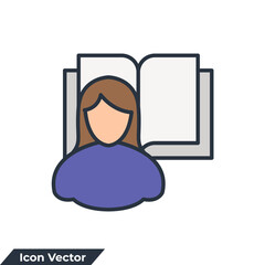 self study icon logo vector illustration. Girl and book symbol template for graphic and web design collection