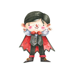 Halloween character Vampire watercolor illustration isolated on white background. Spooky vampire character, trick or treat, halloween. Kid Count Dracula.